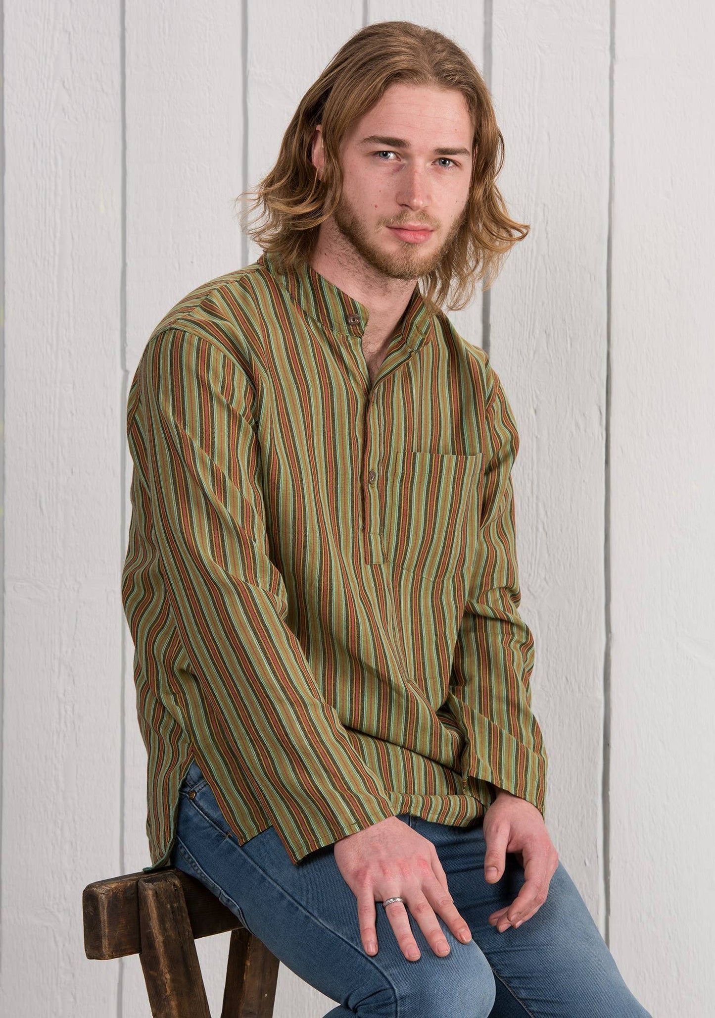 Unisex Lightweight Cotton Stripe Grandad Shirt: L