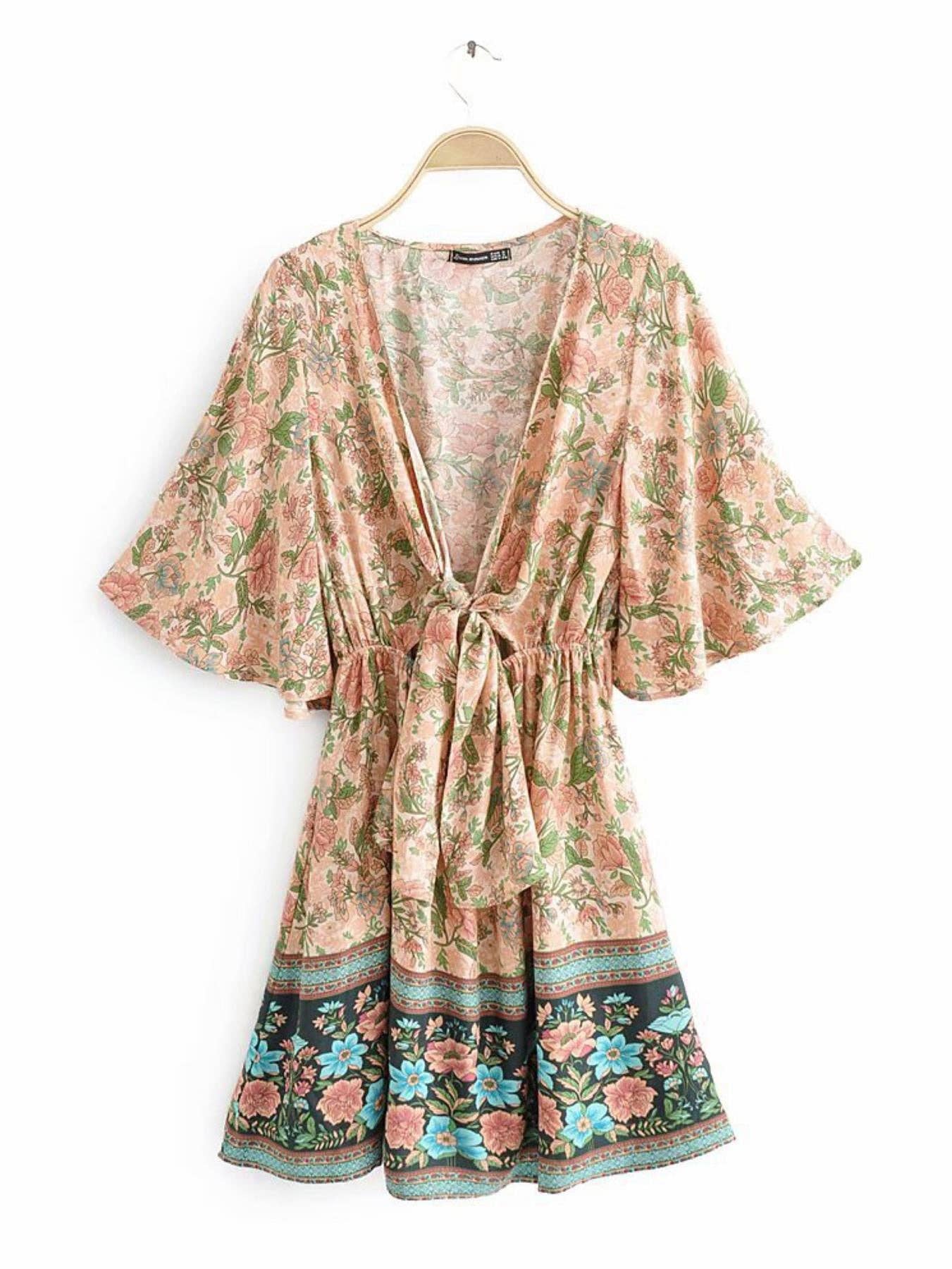 Summer Mini Dress In Peach & Green Floral: 8