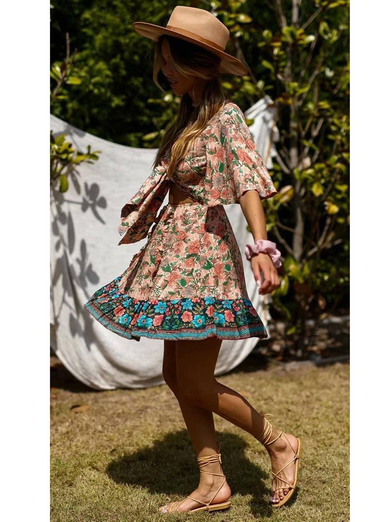 Summer Mini Dress In Peach & Green Floral: 10