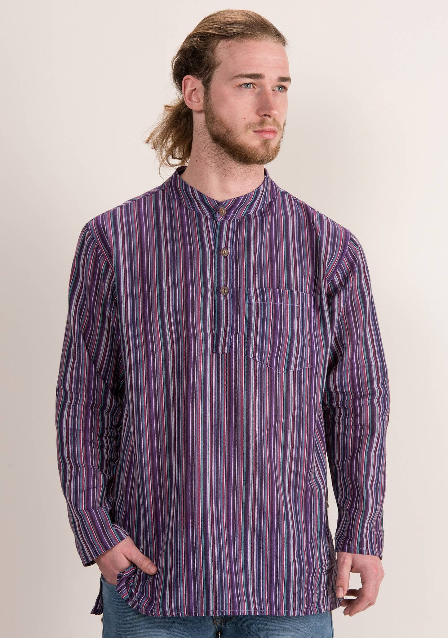 Unisex Lightweight Cotton Stripe Grandad Shirt: L