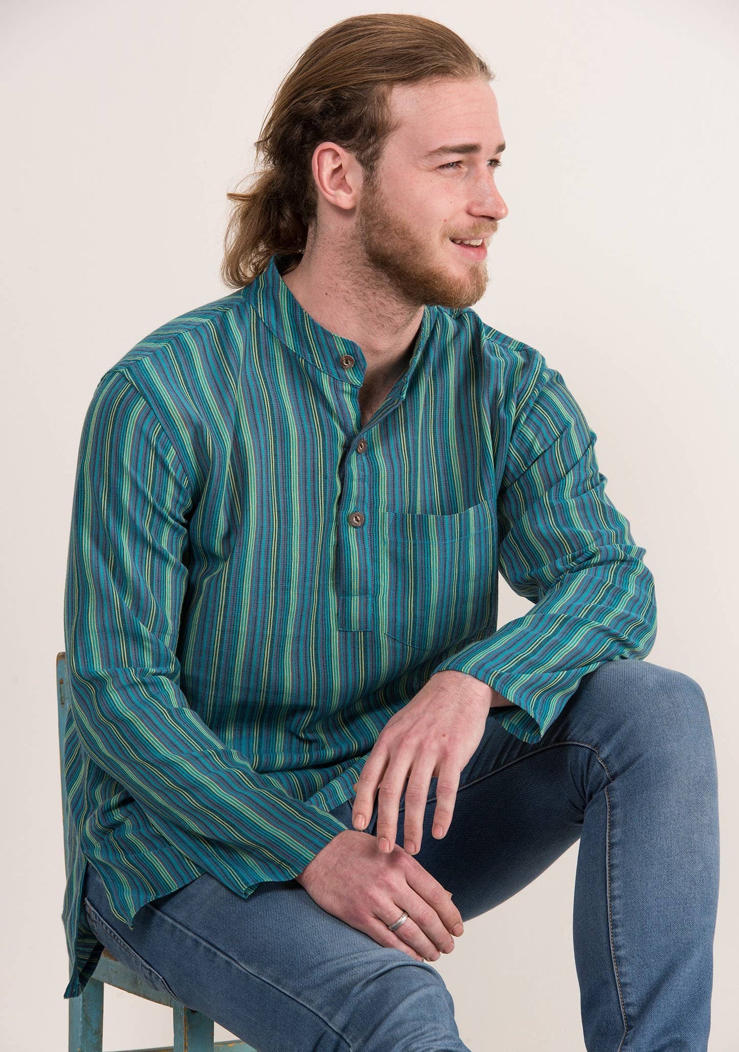 Unisex Lightweight Cotton Stripe Grandad Shirt: L