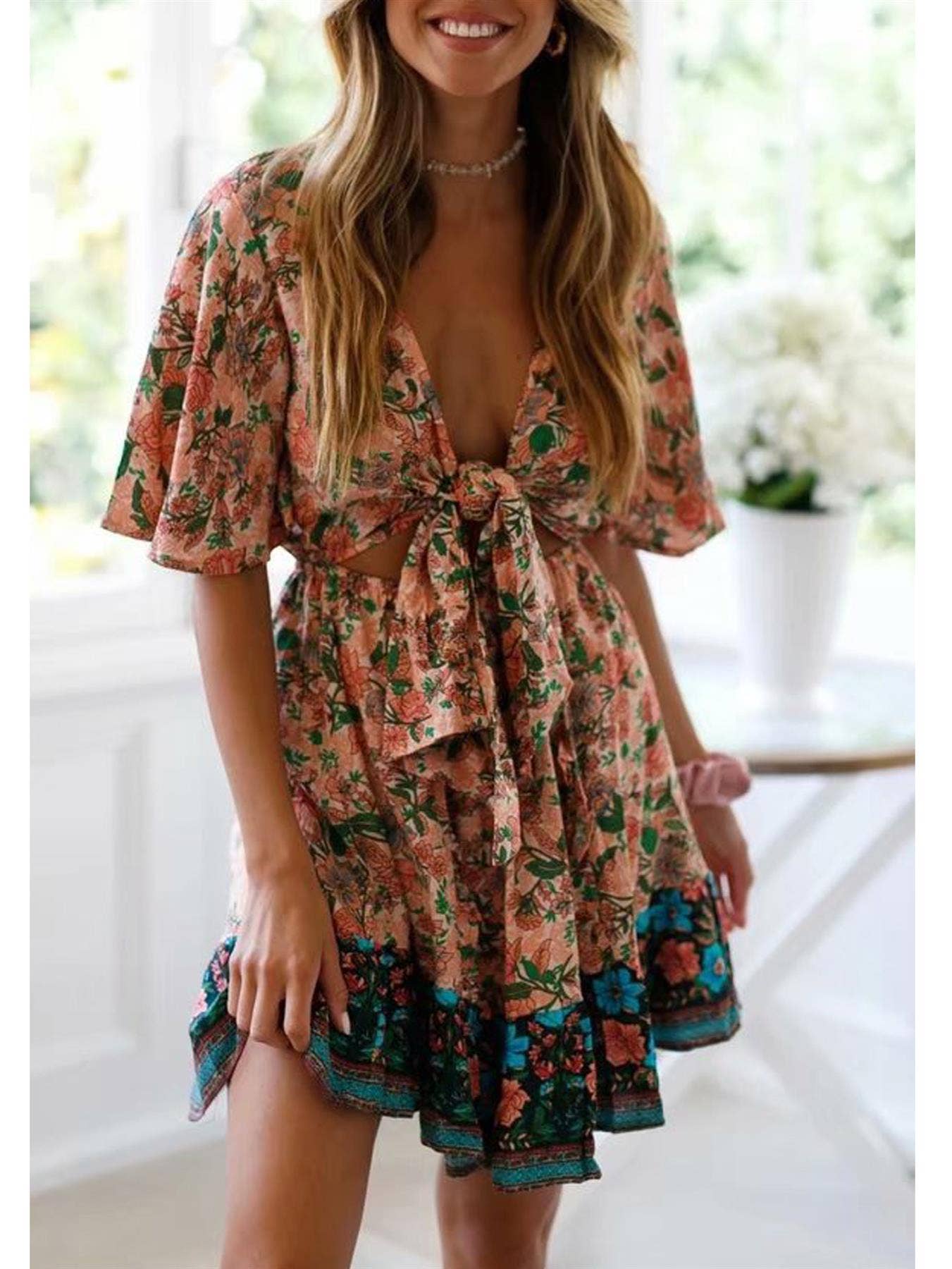 Summer Mini Dress In Peach & Green Floral: 8