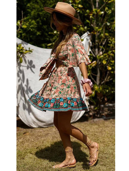 Summer Mini Dress In Peach & Green Floral: 10