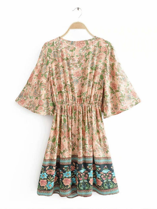 Summer Mini Dress In Peach & Green Floral: 10