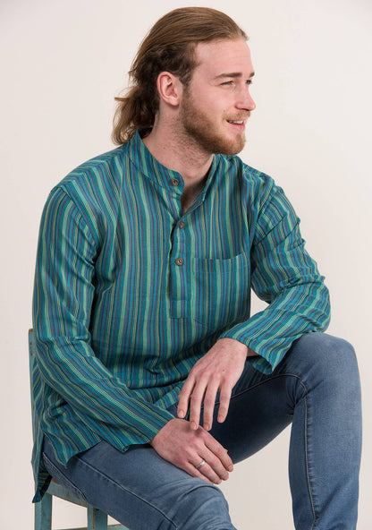 Unisex Lightweight Cotton Stripe Grandad Shirt: L