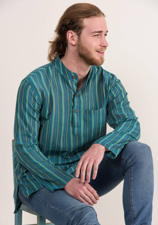 Unisex Lightweight Cotton Stripe Grandad Shirt: L